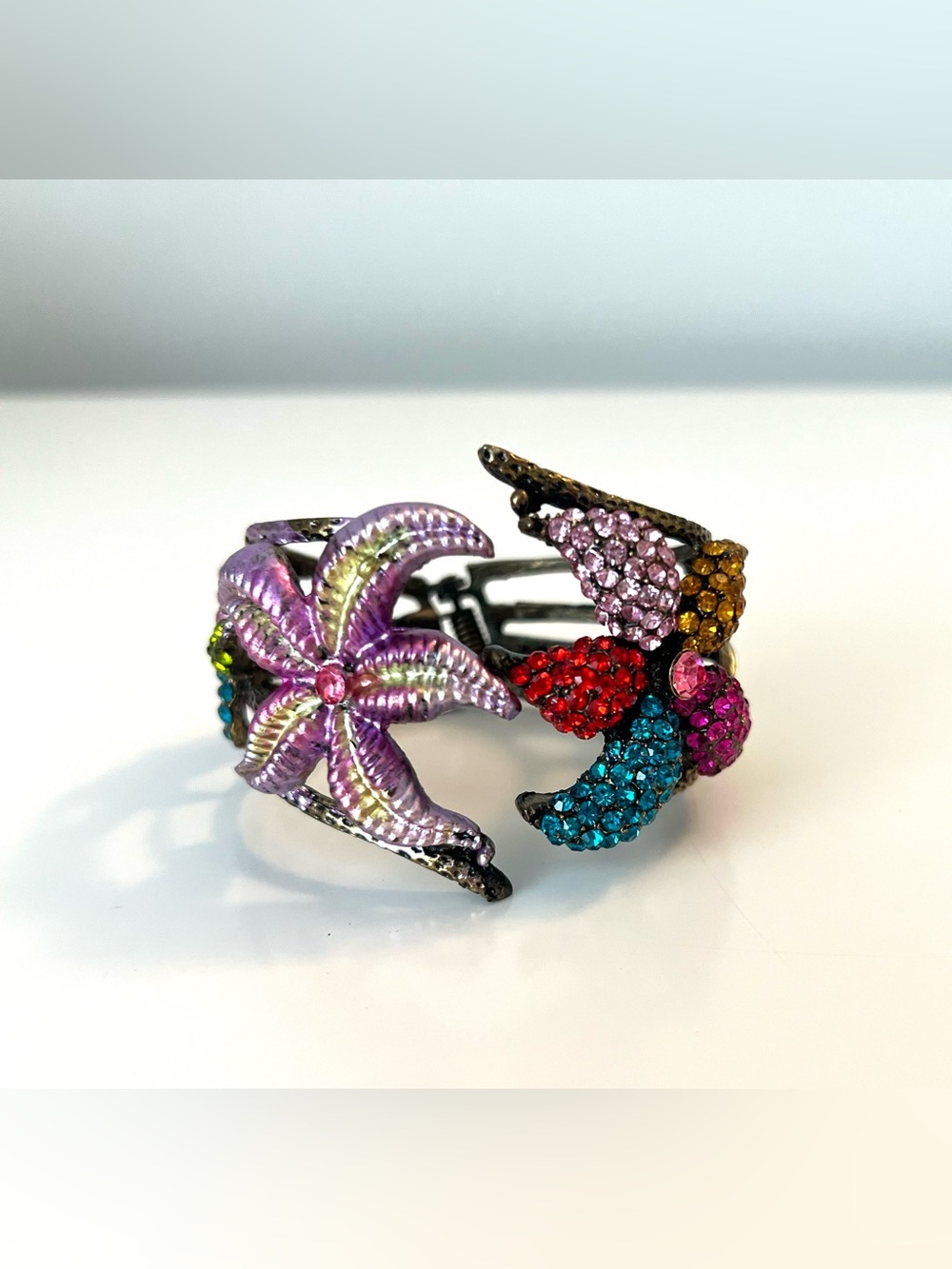 Multicolor Crystal Flower Cuff Bracelet - Purple Flower Accent